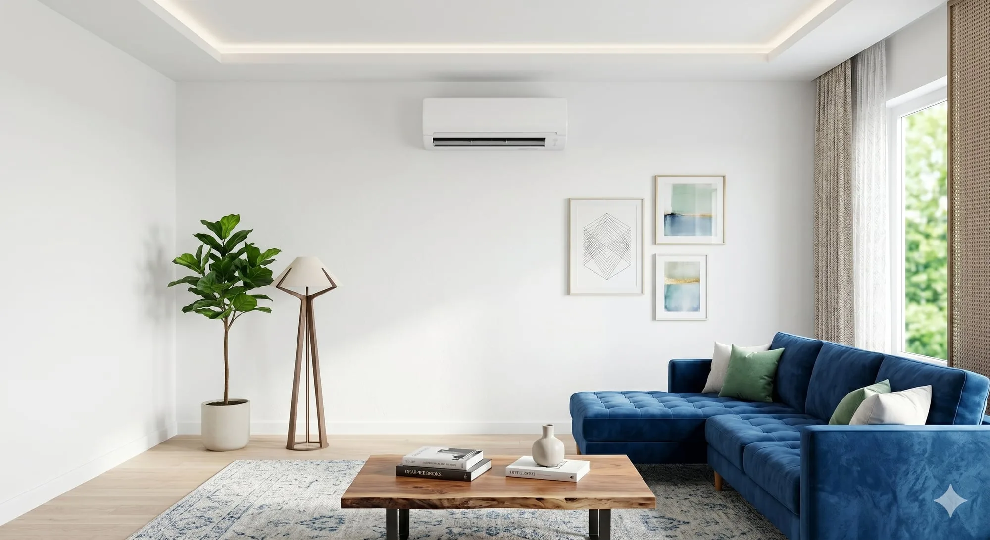 Moderne woonkamer met wandmodel-airco, Benairco-stijl installatie